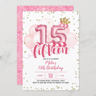 Balão de Coroa Rosa Quinze Convite de Aniversário