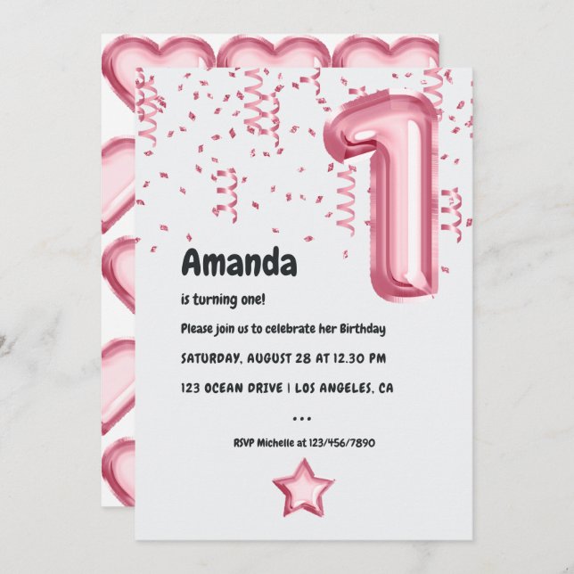 Balão Rosa 1rua Xmas Convite de Aniversário (Frente/Verso)