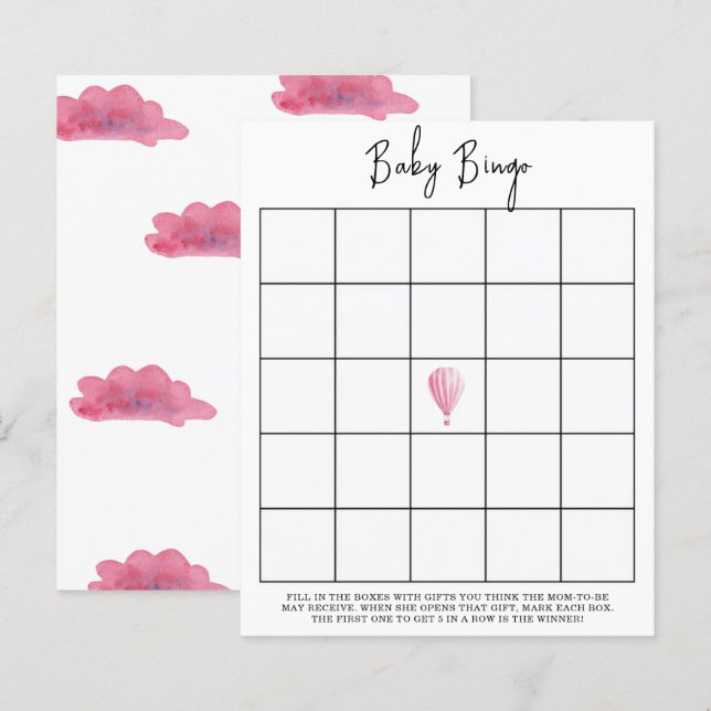 Balão rosa de ar quente - Jogo de bingo para chá d (Frente/Verso)