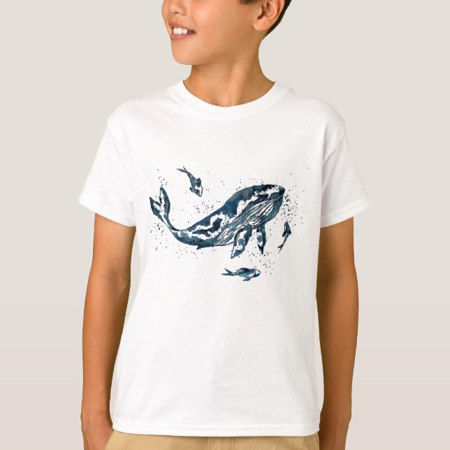 Baleia de Aquarela em Camiseta Azul para Crianças (Frente)