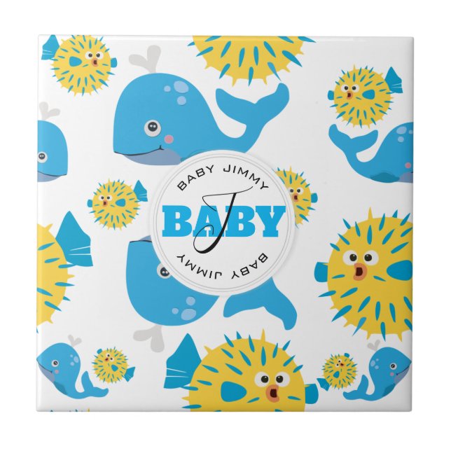 Baleia e Blowfish Cartoon Baby Monograma (Frente)