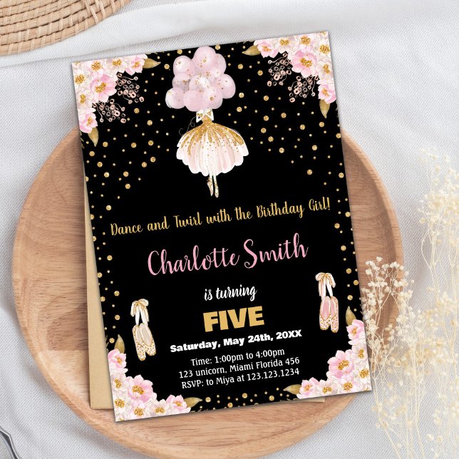 Ballerina, Ballerina, Coloração-de-rosa - Convites (Pink Black Glitter Ballerina Birthday Invitations)