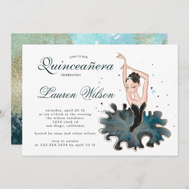 Ballerina emerald e ouro Quinceanera Convite (Frente/Verso)