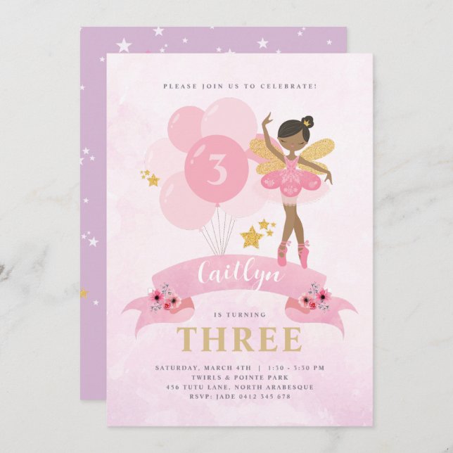 Ballerina Fairy, Rosa e Dourada, Convite de Aniver (Frente/Verso)