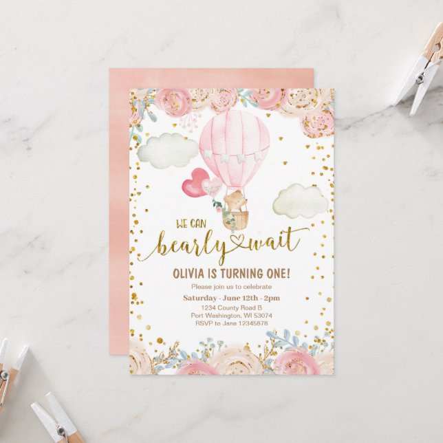  Balões cor-de-rosa de Urso Doce Convite de Aniver (Frente/Verso In Situ)