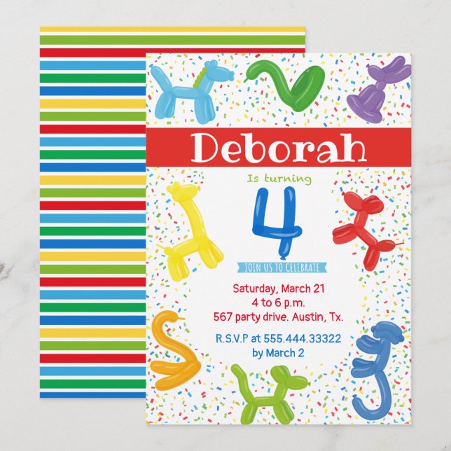 Balões de animais Convite para o 4º aniversário (Frente/Verso)