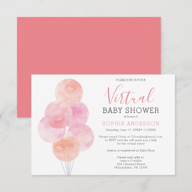 Balões de Aquarela Convite de Chá de fraldas Virtu (Frente/Verso)
