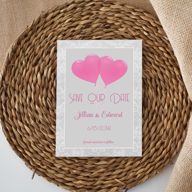 Balões de Coração Rosa Salvem O Anúncio De Data (Pink Heart Balloons Save the Date )
