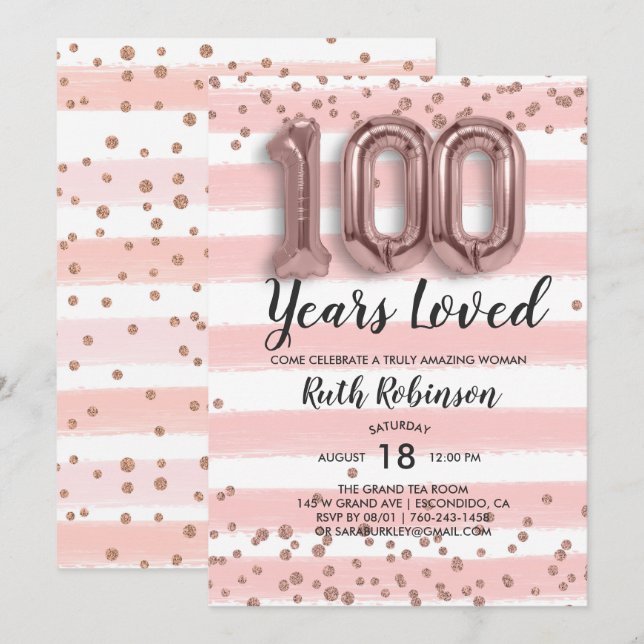Balões de Ouro Rosa | Convite de Aniversário de 10 (Frente/Verso)