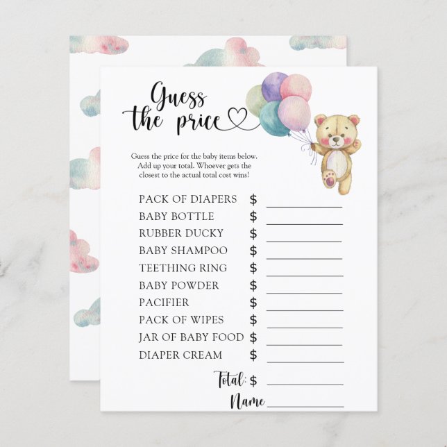 Balões de ursos de Teddy - Adivinhem o preço! Jogo (Frente/Verso)