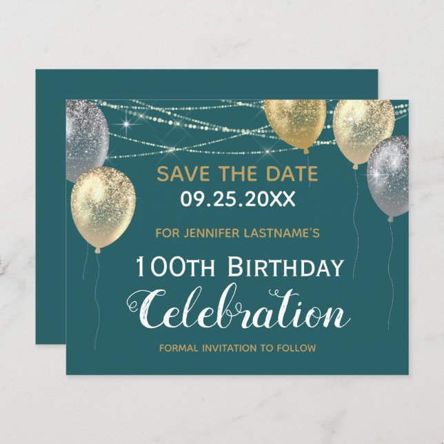 Balões Dourados com brilho 100º Aniversário Salvar (Frente/Verso)