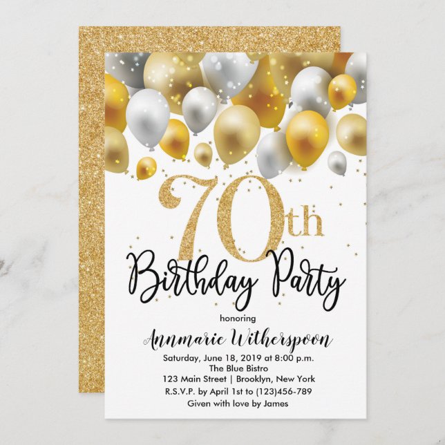 Balões Dourados do Convite de Aniversário para 70  (Frente/Verso)