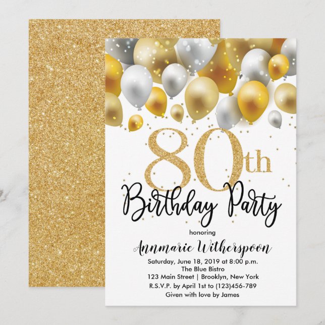 Balões Dourados do Convite de Aniversário para 80  (Frente/Verso)