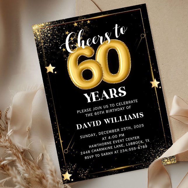Balões Dourados Pretos 60º Convite de aniversário (Criador carregado)