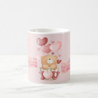 Balões e ursos em forma de coração, caneca de café