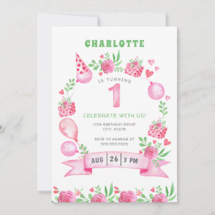 Balões Florais Rosa 1rua Primeiro Convite de Aniv