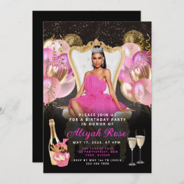 Balões rosa e Dourados Convite Real de Aniversário