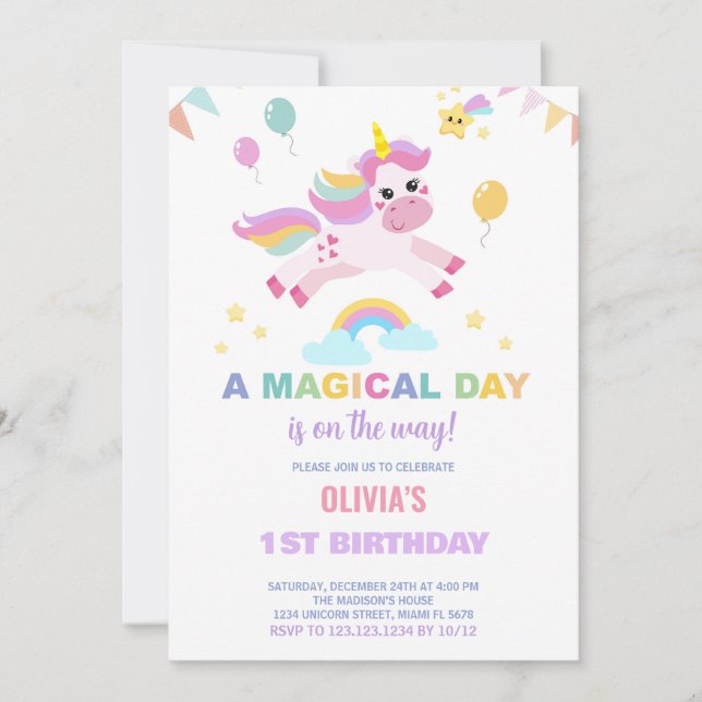 Balões Sinalizam Unicórnios Convites de Aniversári (Frente)