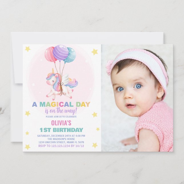 Balões Unicórnio Convites de Aniversário com Foto (Frente)