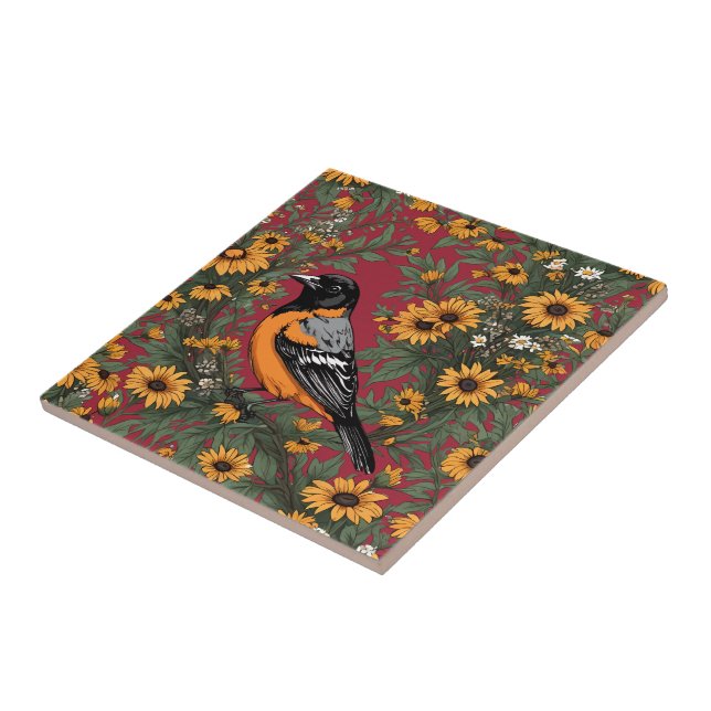 Baltimore Oriole Bird E Susan Flowers De Olhos Neg (Lateral)