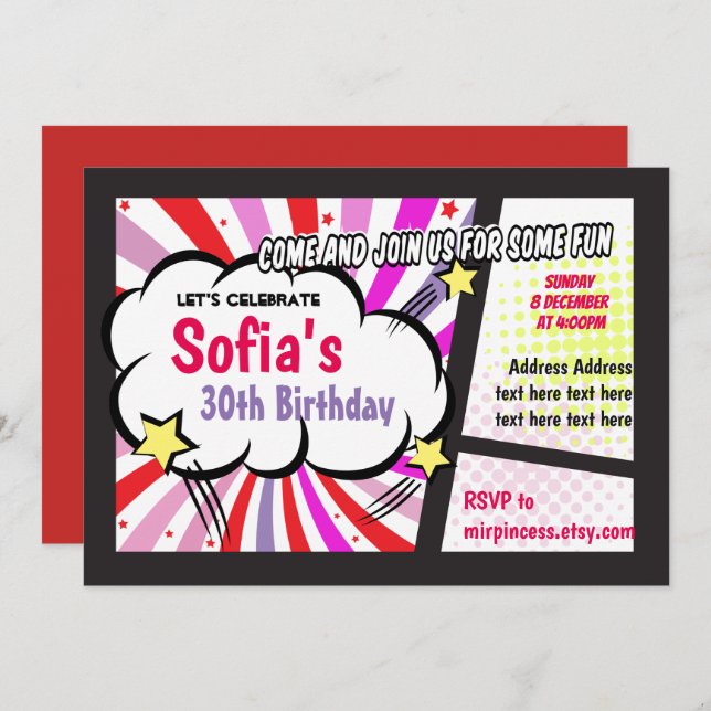 banda desenhada, retrato, pop, convite para aniver (Frente/Verso)