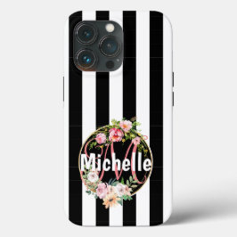 Banda escura e branca monograma com flor rosa