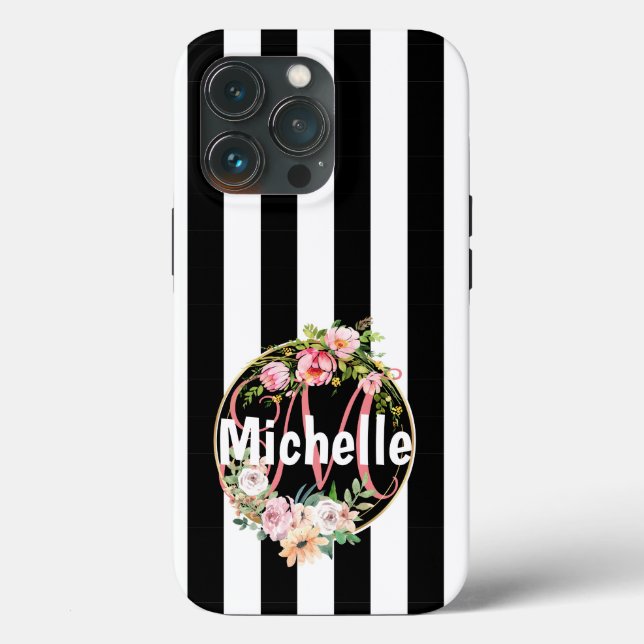 Banda escura e branca monograma com flor rosa (Verso)