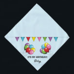 Bandana Balões de Aniversário Coloridos - É o meu Aniversá<br><div class="desc">A ilustração original de desenho animado de Destei dos balões coloridos de aniversário na paleta colorida de vermelho, verde, rosa, amarelo, azul e roxo. Há também um banner colorido sobre os balões. A cor de fundo é azul claro. Uma área de texto personalizável diz: "É Meu Aniversário!" enquanto em outra...</div>