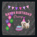 Bandana Feliz aniversário, cachorro bonitinho com bolinhas<br><div class="desc">Este design tem um filhote adorável com um bolo de aniversário. Este design é um presente de excelente para a celebração de aniversário de um cão.</div>