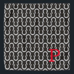 Bandana Ferradura Negra Cavalo Inicial Equestre<br><div class="desc">Padrão de ferradura em branco sobre fundo preto com INICIAL personalizado em vermelho. Fácil de personalizar texto, cor do texto, fonte. Excelente Bandana para QUALQUER amante de cavalos, vaqueiro, equipe de celeiro, equestre, cachecol de animais, lembrança de cavalos, memorial de cavalos, favor de eventos. Unisex, multiuso. Colorida, Eterno, Divertida. Um...</div>