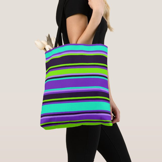 Bandas a negrito em roxo, Aqua & Chartreuse Tote B (Close Up)