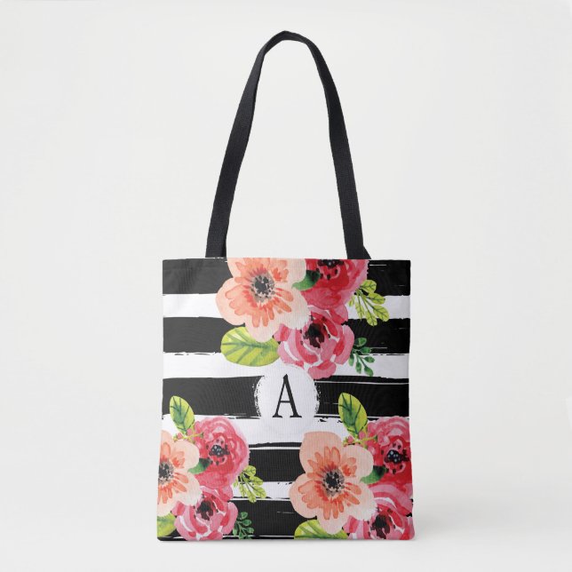 Bandas brancas, monogramas, pretas | Tote Bag (Frente)