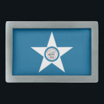 Bandeira da cidade de Houston, Texas - Cinturão Re<br><div class="desc">Belt Buckle com bandeira de Houston,  Texas; bandeira azul com selo de Houston numa estrela branca,  com ilustração de um trem</div>