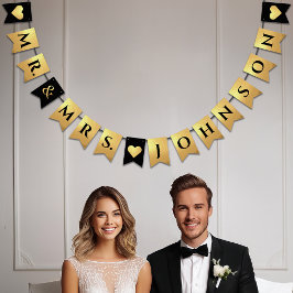 Bandeira de casamento preto com corações dourados 