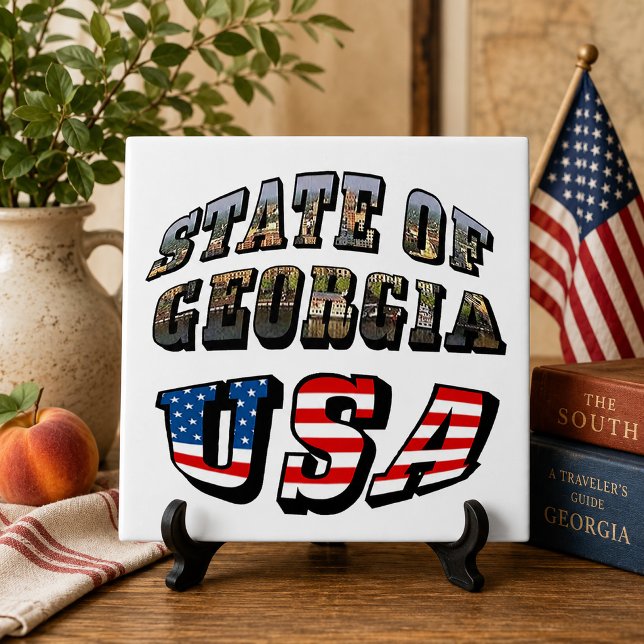 Bandeira do Estado da Geórgia e dos EUA (State of Georgia and USA Flag Text Ceramic Tile)