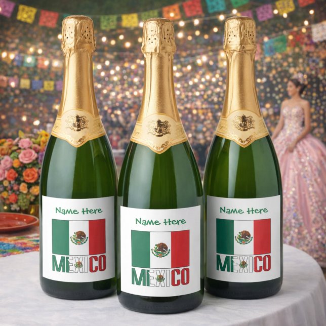 Bandeira Personalizada do México (Personalized champagne bottle labels have Mexican Flag, MEXICAN below in flag colors. Add name above)