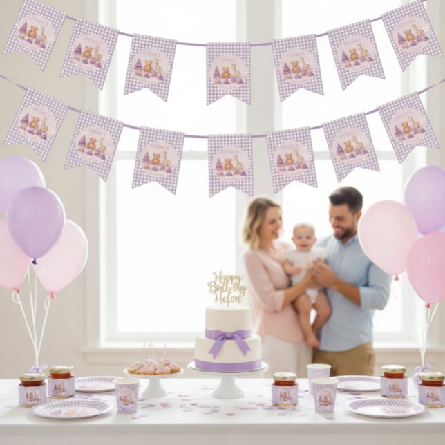 Bandeiras de Bunting de Gingham Lavanda para 1º An (Criador carregado)