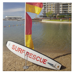 Bandeiras e placa de resgate de surf