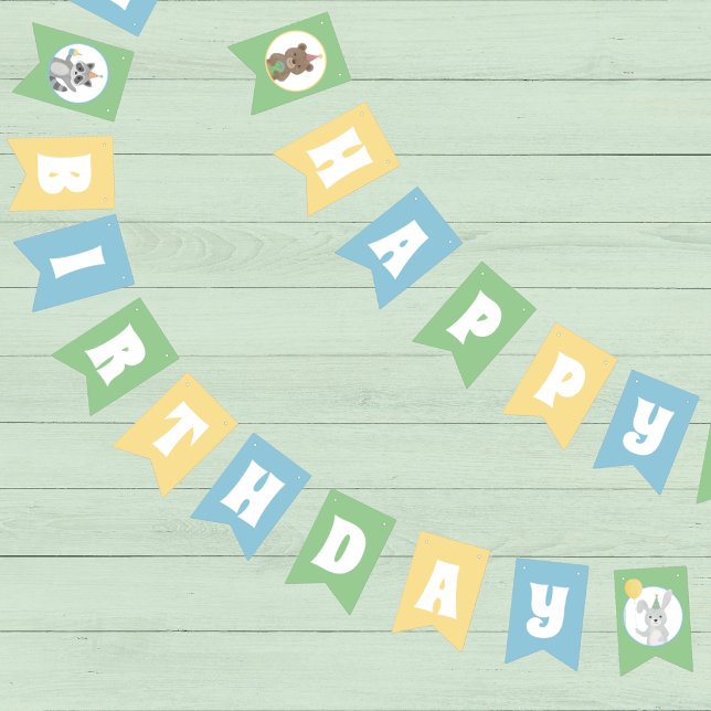 Bandeirinha Animais de Festa Feliz Aniversário (Blue, yellow, and green Happy Birthday bunting banner with cute forest animals in party attire)