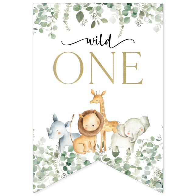 Bandeirinha Animais Safari, Selva, Selvagem Um, Primeiro Anive (Primeira Bandeira)