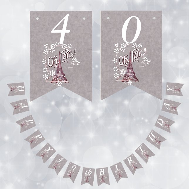 Bandeirinha Aniversário das Flores Brancas de Margarida da Tor (Eiffel tower in France white daisy flowers Oh Paris on grey Happy Birthday banner.)