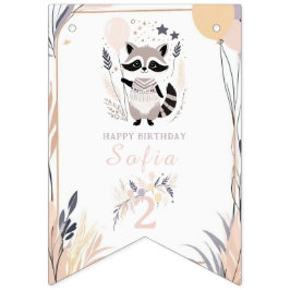 Bandeirinha Aniversário de Pastel Boho Raccoon e Balões