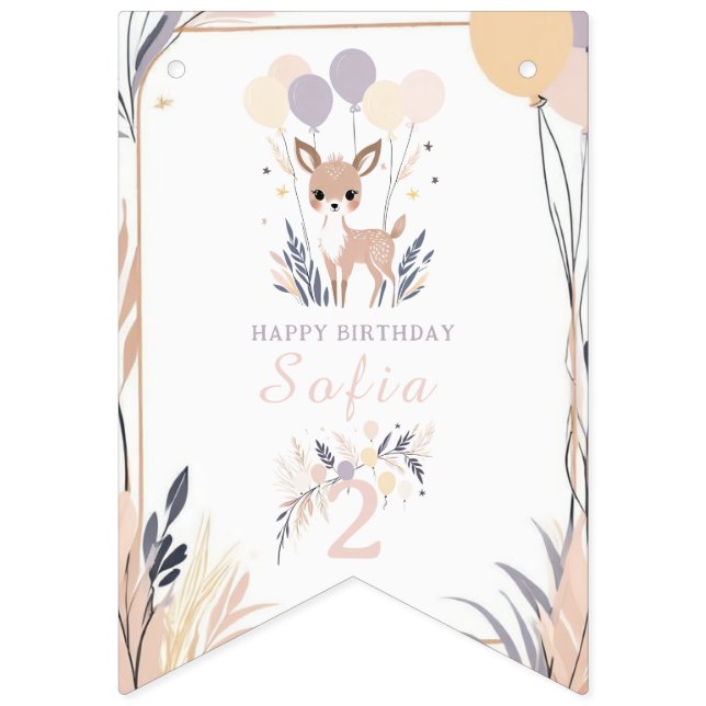 Bandeirinha Aniversário do Pastel Boho Fawn e Balões (Primeira Bandeira)