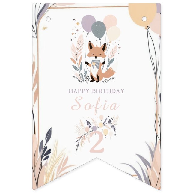 Bandeirinha Aniversário do Pastel Boho Fox e Balões (Primeira Bandeira)