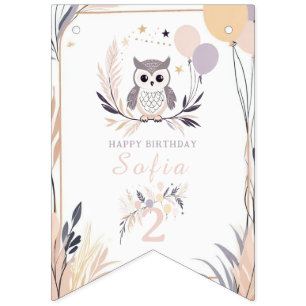 Bandeirinha Aniversário do Pastel Boho Owl e Balões