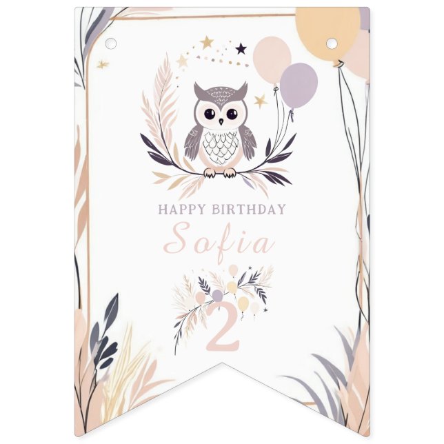 Bandeirinha Aniversário do Pastel Boho Owl e Balões (Primeira Bandeira)