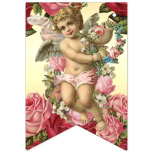 Bandeirinha Aniversário do vintage dos querubins e dos rosas