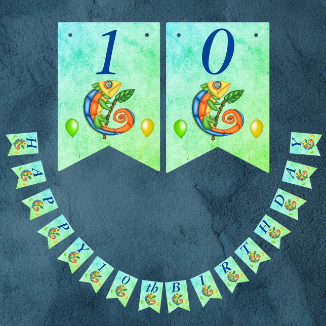 Bandeirinha Aniversário Lizard Balões Vibrantes Cor Azul Verde (Cartoon Lizard vibrant colours stick with leaf on blue green kids birthday party banner decoration.)