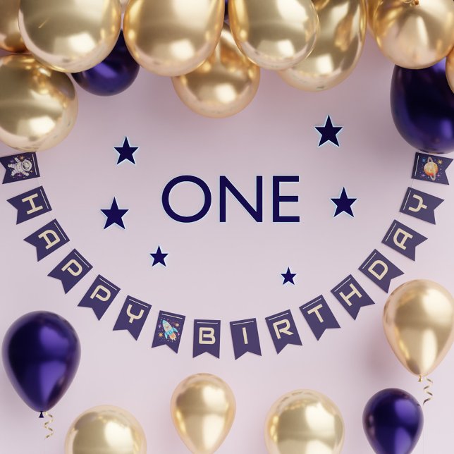 Bandeirinha Astronauta Espacial Exterior Foguete e Planeta Ani (Outer Space Astronaut Rocket & Planet Birthday Bunting Flags)