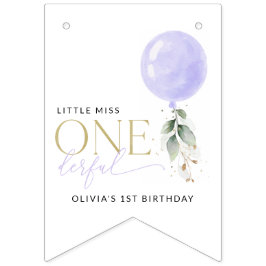Bandeirinha Balão Roxo, Verde, Folhagem, Primeiro Aniversário